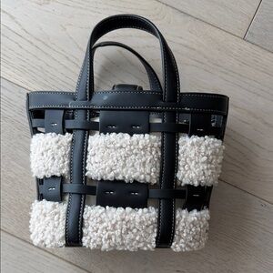 Leather-Trim Teddy Shearling Tote Bag in Black and Cream with Long Strap